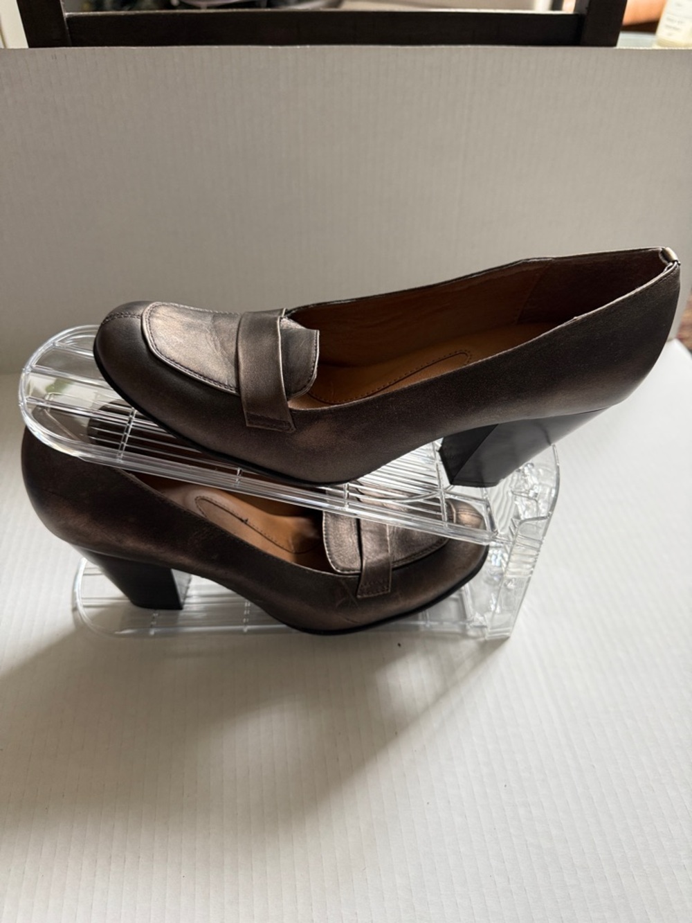 Women's Metallic Bronze Loafers with Low Block Heel